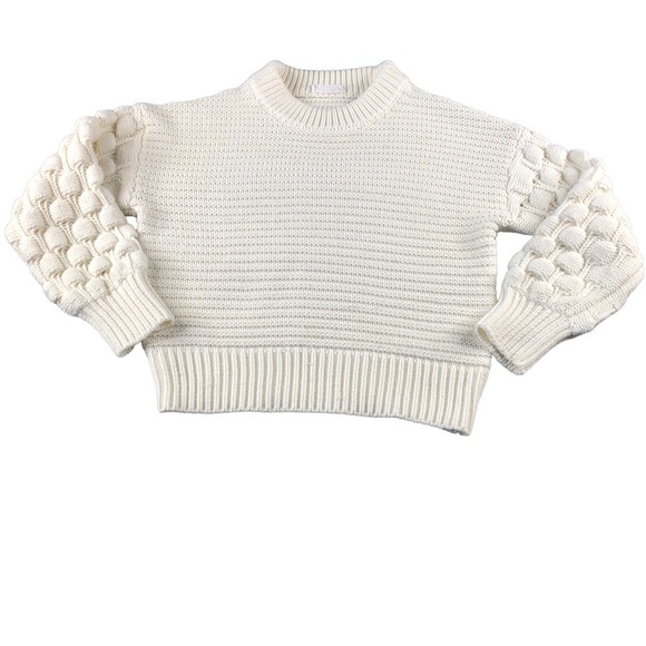 Elodie Womens Chunky Knit Puffy Sleeve White Crew Neck Winter Sweater - Picture 1 of 11